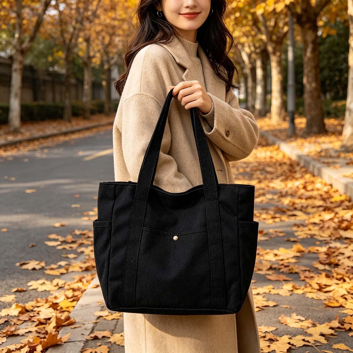 Black Canvas Carryall with Snap Closure