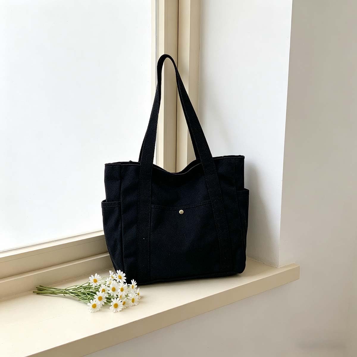 Black Canvas Carryall with Snap Closure