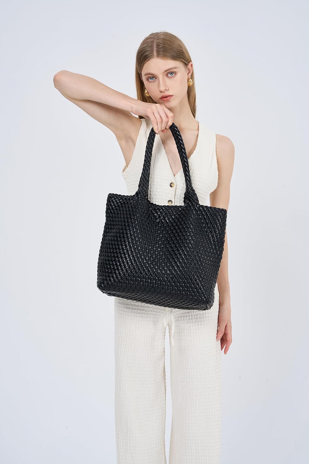 Black Woven Faux Leather Tote