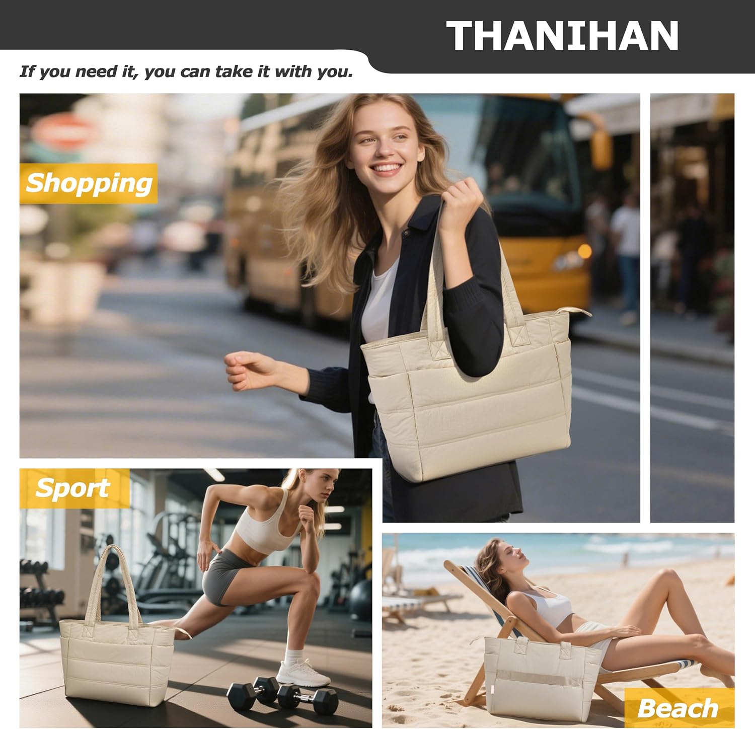 Cream Padded Shoulder Tote
